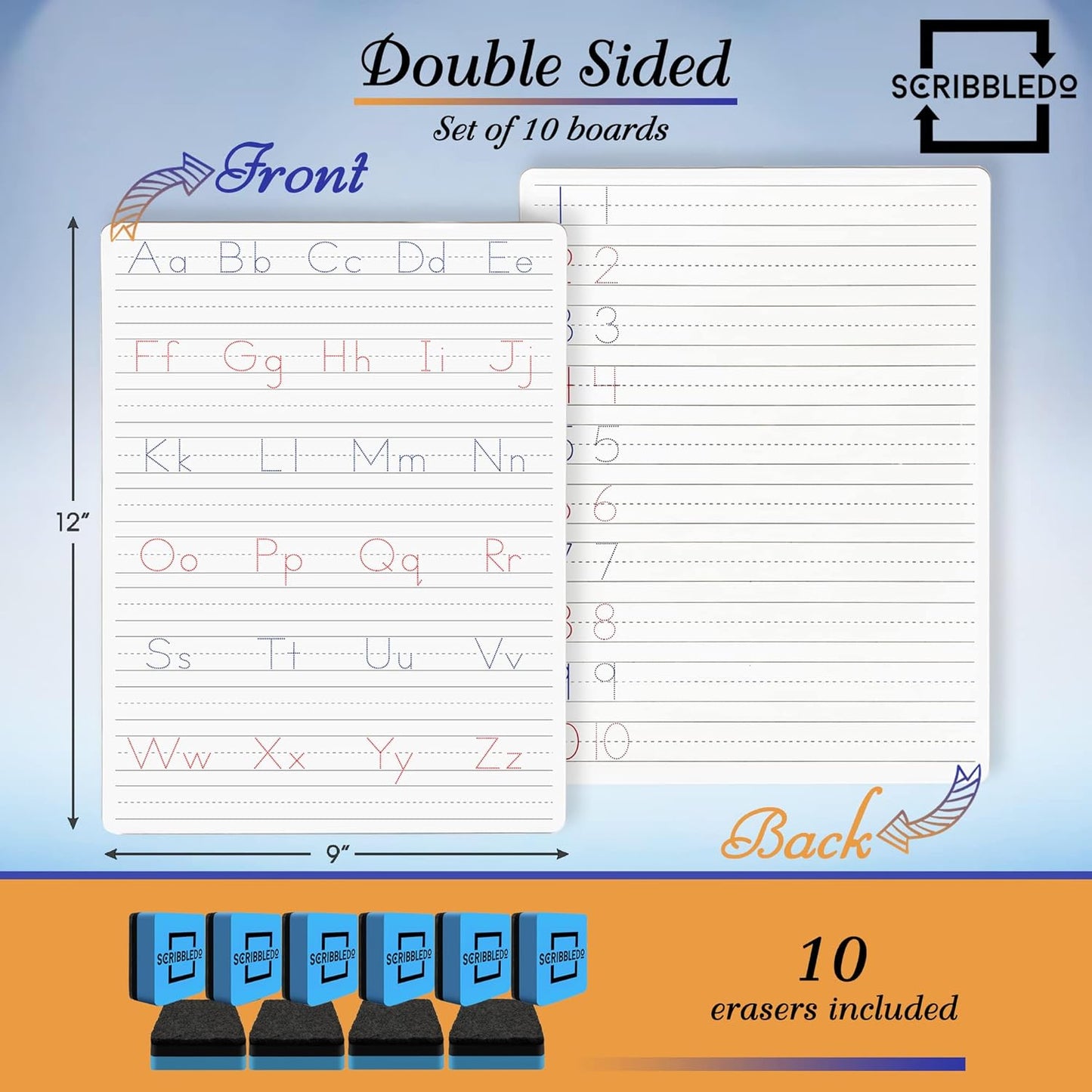 Scribbledo 5 Pack Dry Erase Handwriting Practice for Kids 9 x 12 Inch Letter Alphabet Tracing Board Whiteboard for Kids Ages 3-5 Write and Wipe Alphabet Practice Cards Letters & Erasers