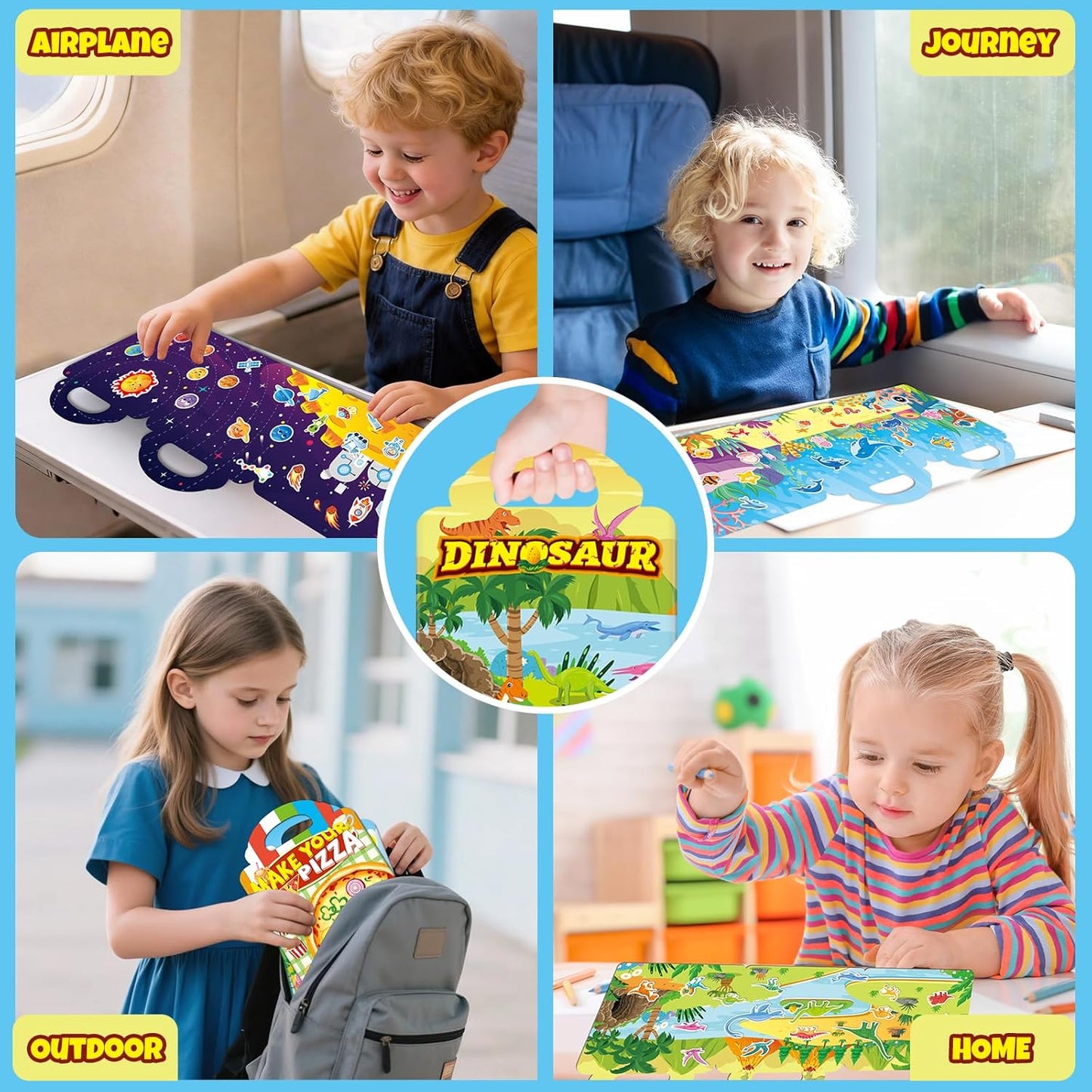 Sticker Books for Toddlers 2-4 Years, Travel Sticker Book with Washable Jelly Stickers, Foldable Carry Handle Quiet Toy, 5 Theme Scenes for Kids 3-5, Dinosaur+Space+Ocean+Fairy Tale+Pizza