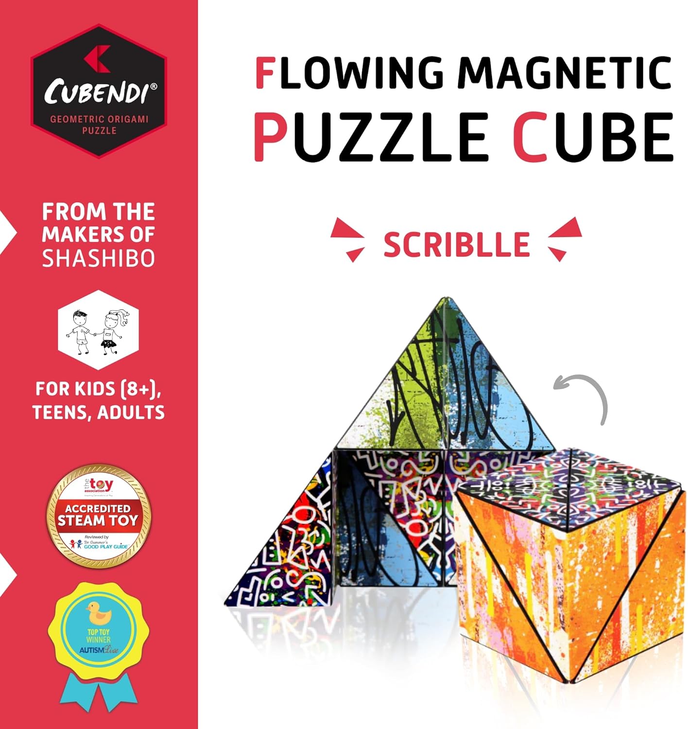 CUBENDI Geometric Origami Puzzle - Infinity Fidget Cube for Adults, Kids & Teens – Mesmerizing & Magnetic Shape Shifting Box w/48 Rare Earth Magnets - by Fun in Motion Toys (Twist)