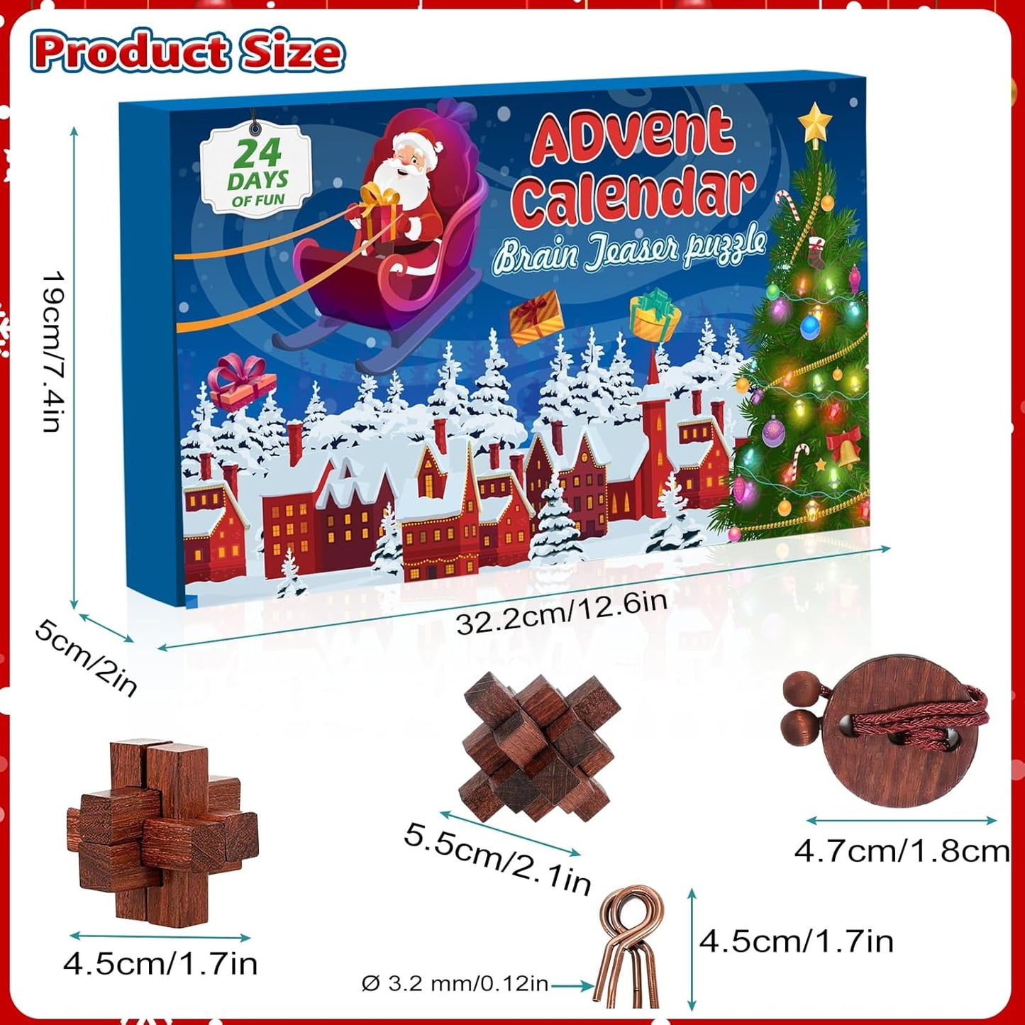 Advent Calendar 2025 Brain Teaser for Kids & Adults - 24 Days of Metal Puzzle Ring & Wooden Toy Games, Christmas Countdown with Mind IQ Logic Challenges, Unlock Interlock Gift for Boys Girls Teens