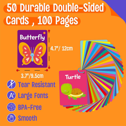50 PCS Kid First Cognitive Flashcards,Double Sided Printed 7 in 1 Colorful Cards Alphabet,Numbers, Foods,Animals,Shapes,Colors with 3 Reclosable Rings,Learning Tool for Pre-K Kindergarten Toddlers