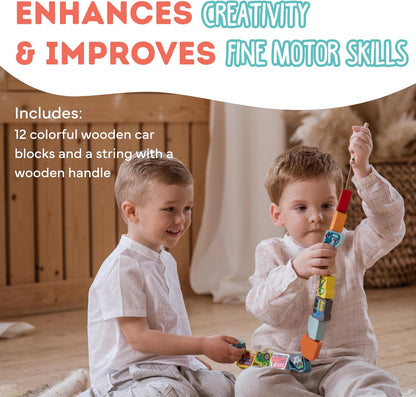 CUBIKA Wooden Flyring Cars Lacing Toy – Montessori Lacing Toy for Kids Ages 3+ – Wooden Lacing Cards with Threading String – Fine Motor Toy – FSC-Certified Wood, Travel Toy for Toddlers