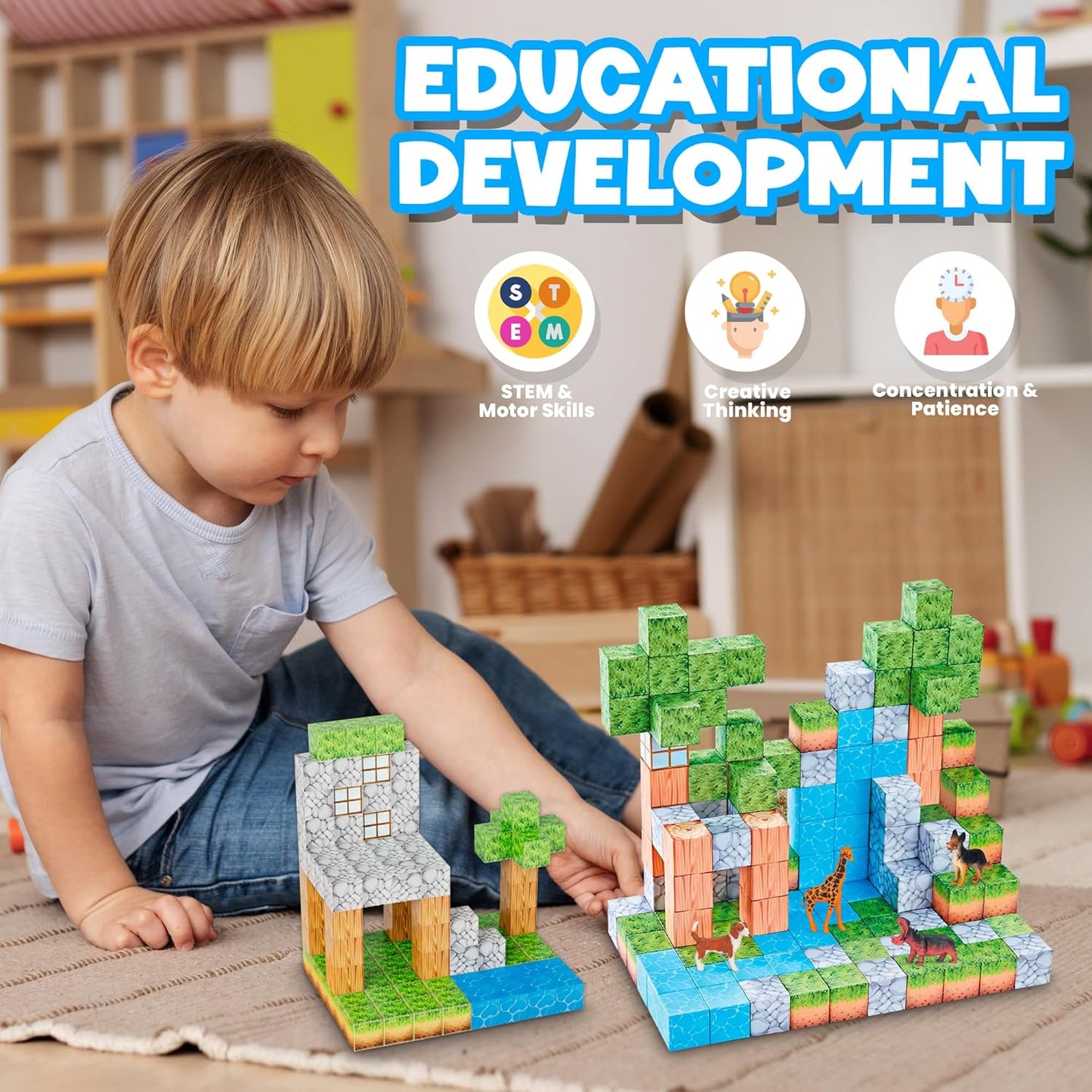 Contixo STEM Building Toys - 110 pcs Marble 3D Magnetic Run Tiles Learning Stacking Educational Building Blocks Set, Creativity Beyond Imagination, Inspirational, Recreational Toy for Kids