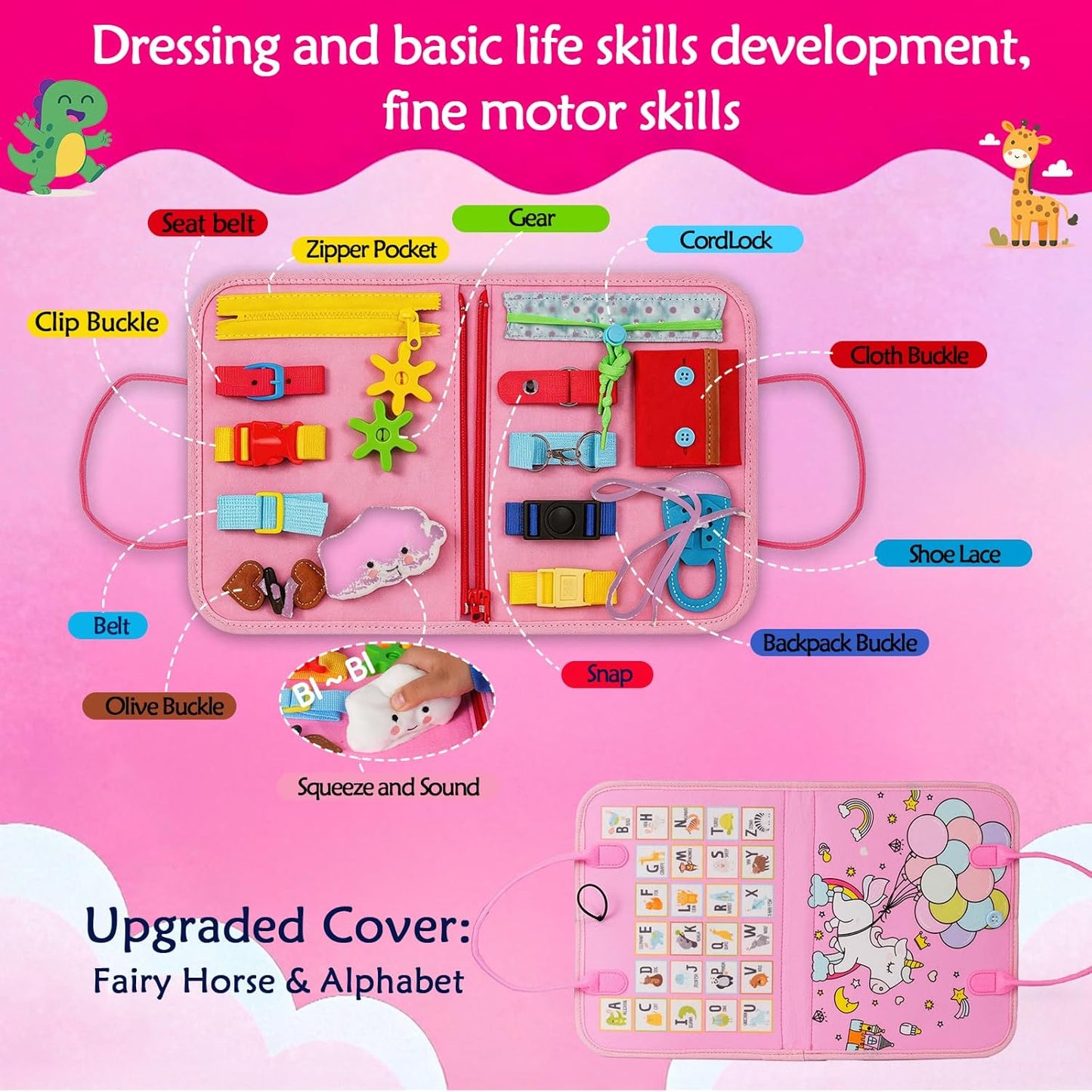Montessori Busy Board for Toddlers – Sensory Busy Book with Buckles, Zippers, Letters, Animals, Toddler Activities – Fine Motor Skills Development Learning for Boys Girls Travel Activity
