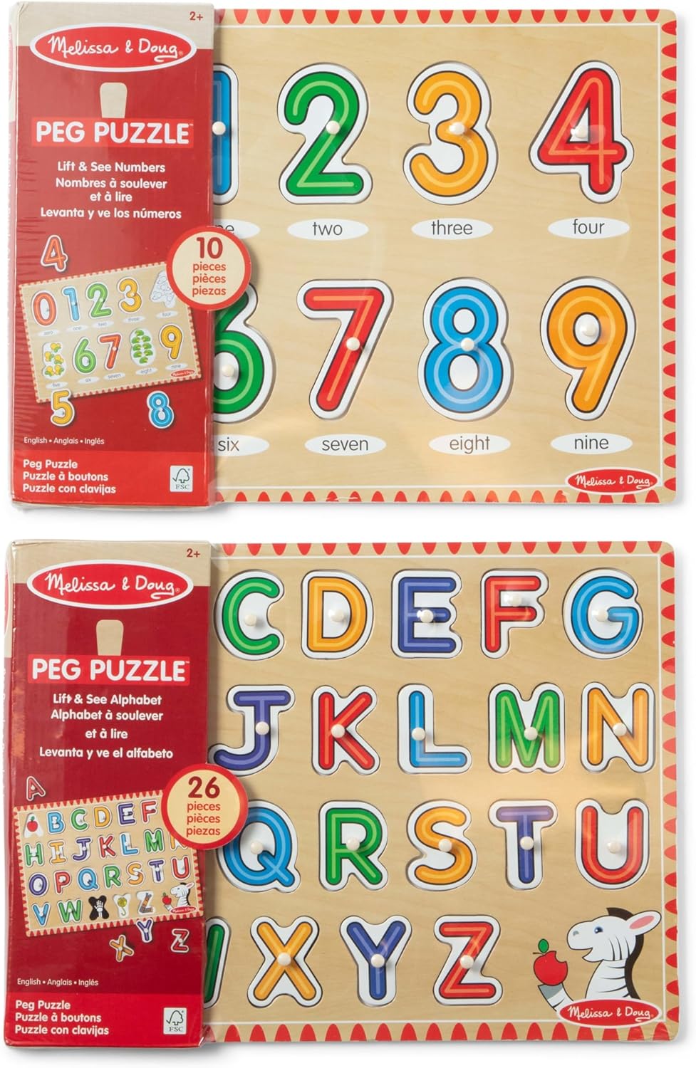 Melissa & Doug Wooden Lift & See Peg Puzzle Early Learning 2-Pack for Girls and Boys – Alphabet, Numbers