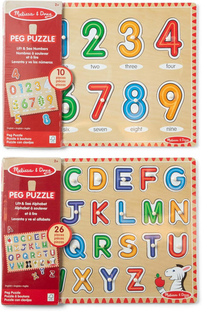Melissa & Doug Wooden Lift & See Peg Puzzle Early Learning 2-Pack for Girls and Boys – Alphabet, Numbers