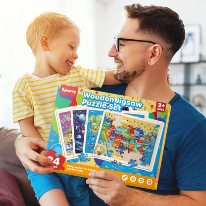 SYNARRY Large US World Earth Solar System Wooden Puzzles for Kids Gift Box(12.2 * 9.4 in), Puzzles for Toddlers 3-5, Wood Puzzles for Kids Ages 4-6, Easter Basket Stuffers Gifts for Kids