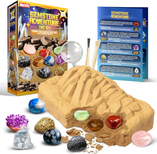 Gemstone Dig Kit for Kids with 2 Tools, Excavate 10 Real Gems, STEM Science Mining Toy, Educational Gift for Boys and Girls Ages 8-12