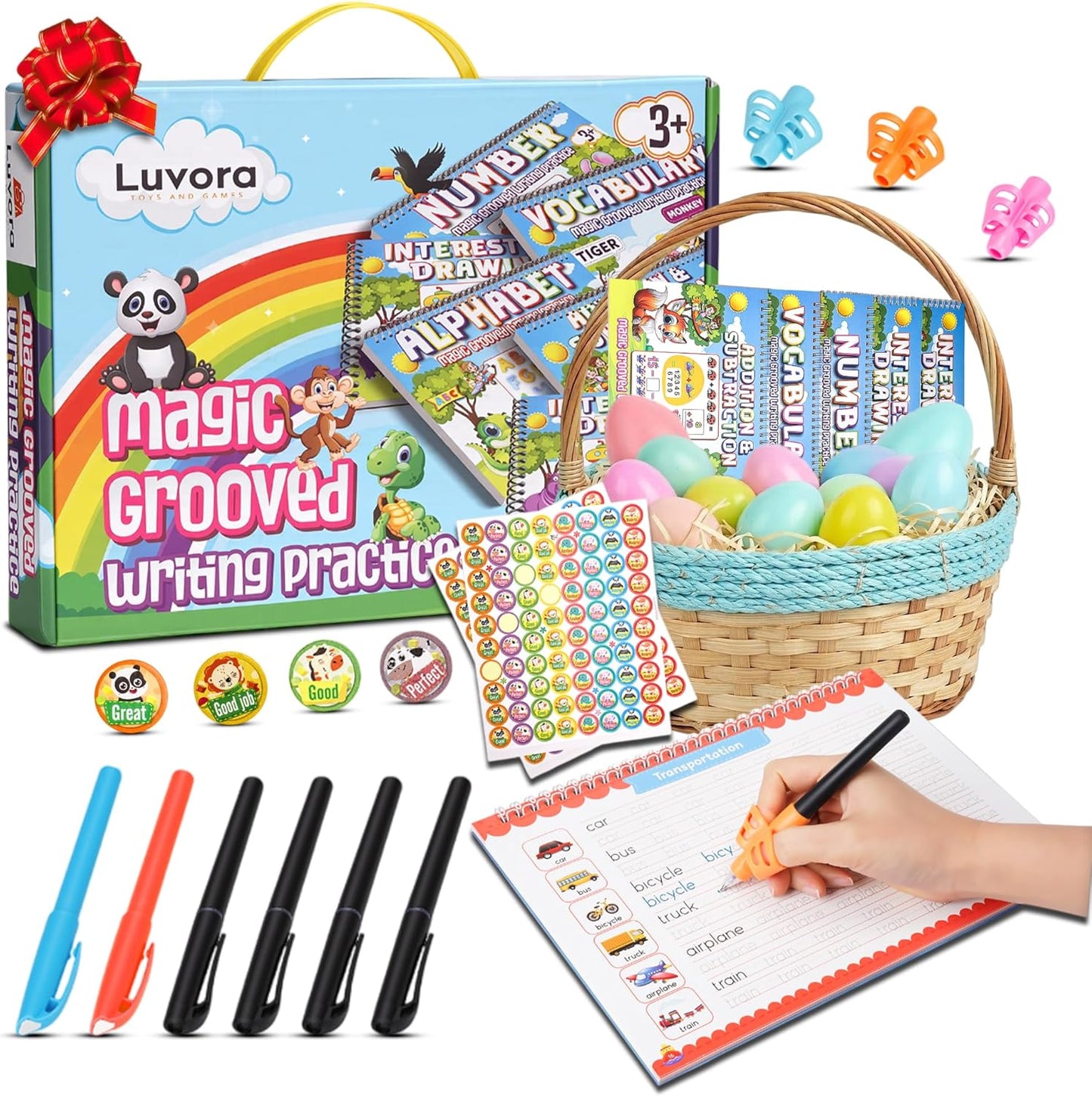 Magic Grooved Writing Practice for Kids Ages 3-8, Reusable Handwriting Practice Books Set (6 Books) with Disappearing Ink Pens, Letter/Number Tracing, Preschool & Kindergarten Learning Kit