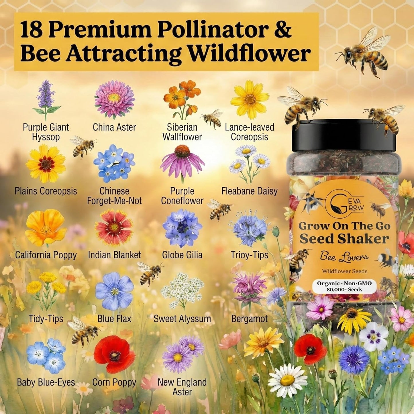 Mini Wildflower Seed Shaker - Save The Bees Seed Mix, by GevaGrow | 80,000+ Seeds | Pollinator & Bee Attracting Flower Seeds Bulk for Planting in Pots & Outdoor Gardens | 2 Ounce