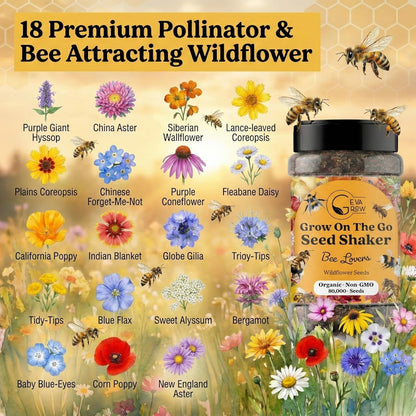 Mini Wildflower Seed Shaker - Save The Bees Seed Mix, by GevaGrow | 80,000+ Seeds | Pollinator & Bee Attracting Flower Seeds Bulk for Planting in Pots & Outdoor Gardens | 2 Ounce