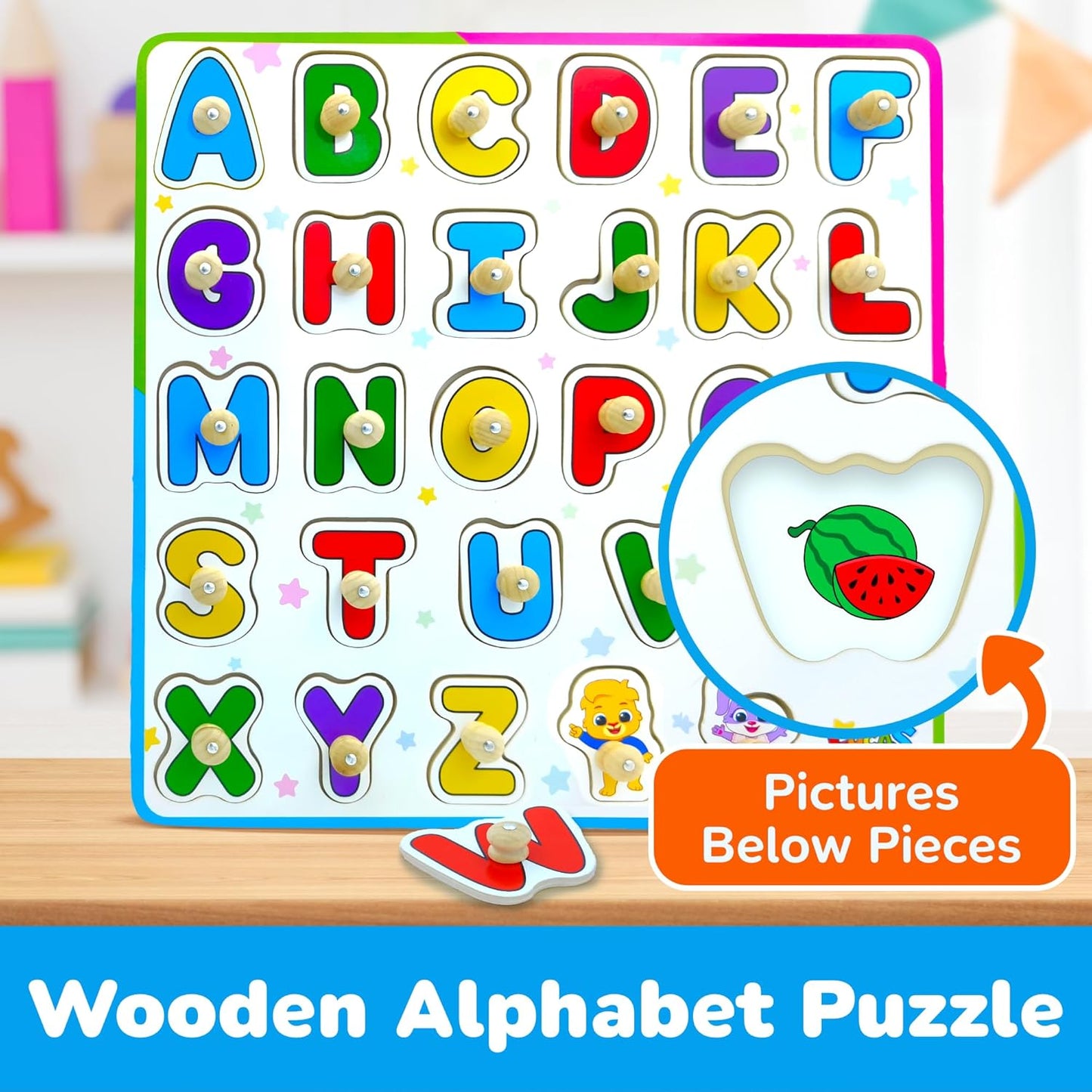 ABC Puzzle for Toddlers, Wooden Montessori Toys for Baby Boys and Girls, ABC Alphabets Learning for Toddler, Educational Alphabet Learning Toys, Peg Puzzle Board for Preschool Kids by Lucas & Friends