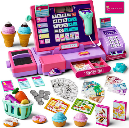 Kids Cash Register Toy Playset, Toddler Prentend Play Store with Real Calculator Cash Register with Scanner/Credit Card/Play Money/Food, Learning Toys for Boys Girls Toddlers(Pink)