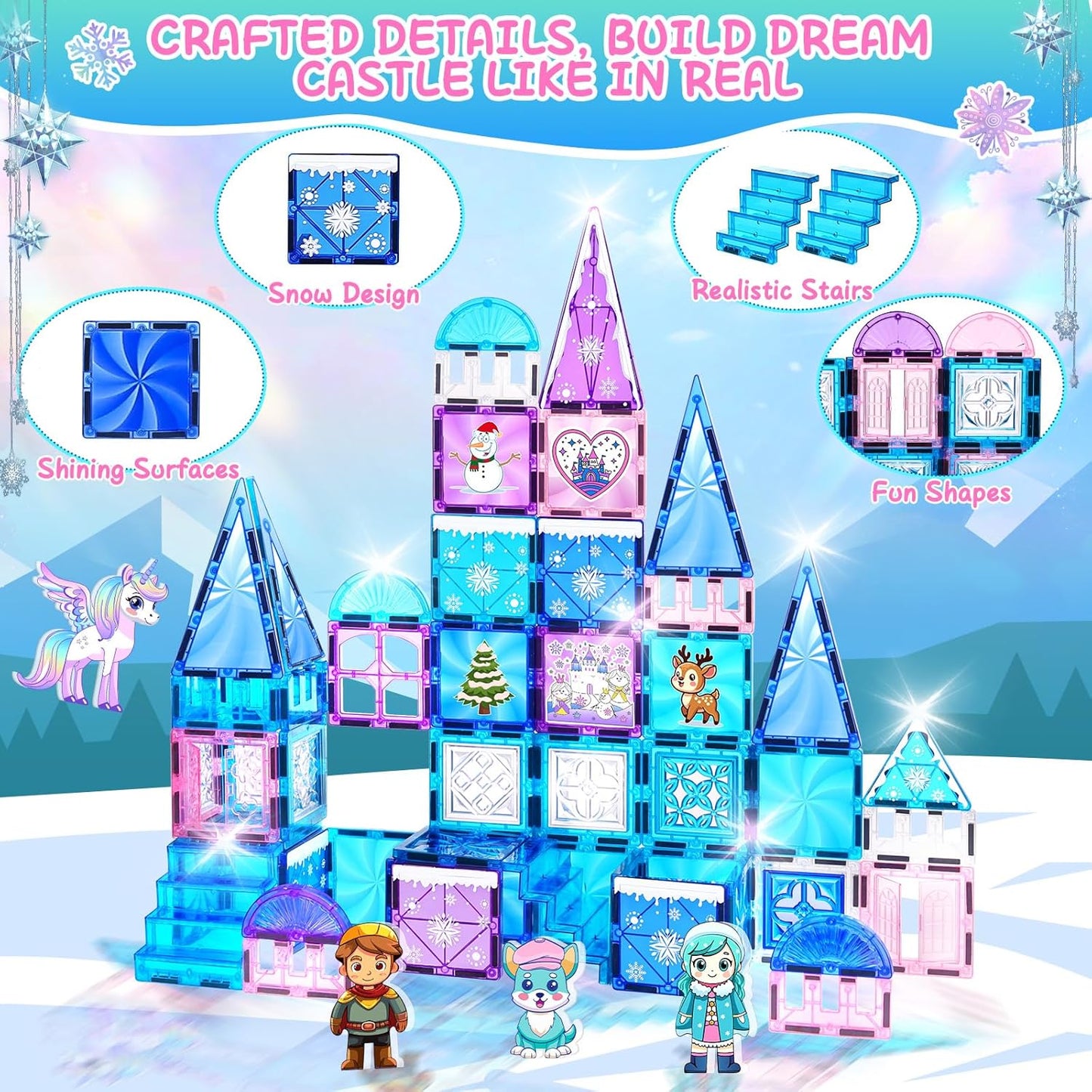 Diamond Magnetic Tiles Unicorns Princess Castle with Magnetic Art Decor Kit, Unicorn Toys for Girl 3 4-6-8, Magnet Tiles for kids 4-8 5 6 7+ Girl Gifts,Magnet Toys Include 5 Dolls,Rainbow,Candy,Decors