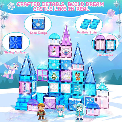 Diamond Magnetic Tiles Unicorns Princess Castle with Magnetic Art Decor Kit, Unicorn Toys for Girl 3 4-6-8, Magnet Tiles for kids 4-8 5 6 7+ Girl Gifts,Magnet Toys Include 5 Dolls,Rainbow,Candy,Decors