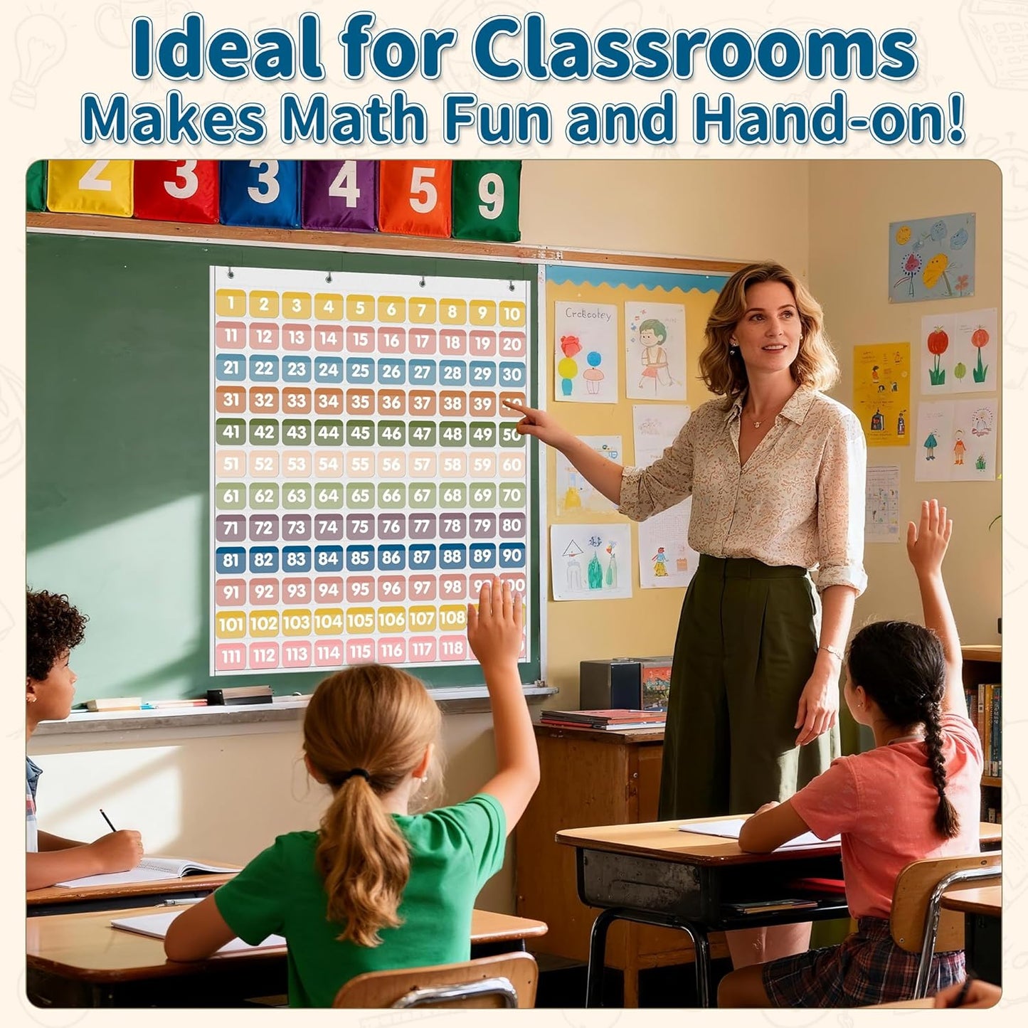 Yoink 100 Pockets Number Chart with 120 Double-Sided Number Cards, Boho Hundred Pocket Chart for Classroom Homeschool Teachers Kids Learning, Pink