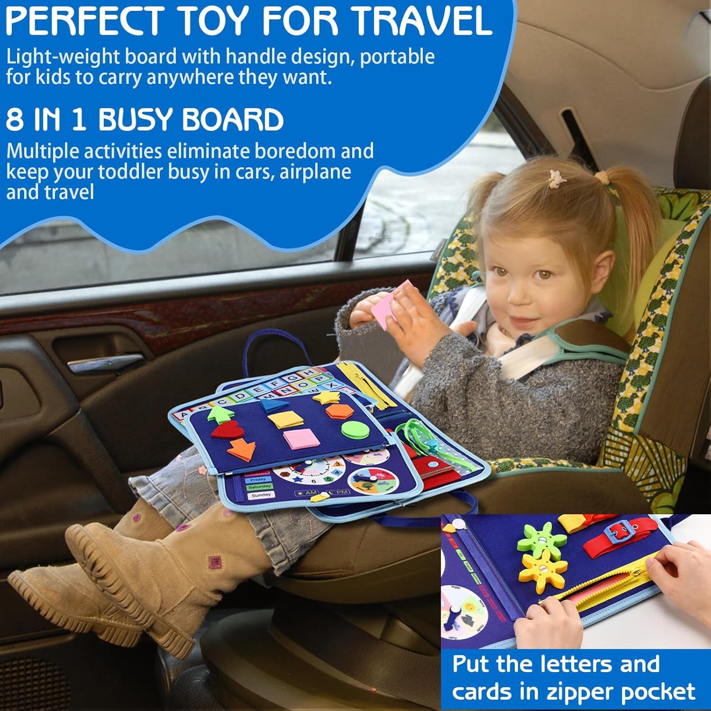 Esjay Toddler Busy Board Montessori Toys for Boys Girls, Sensory Book Educational Activities for Learning Fine Motor Skills, Birthday Gifts for Toddlers, Travel Toys for Airplane Car, White Dinosaur