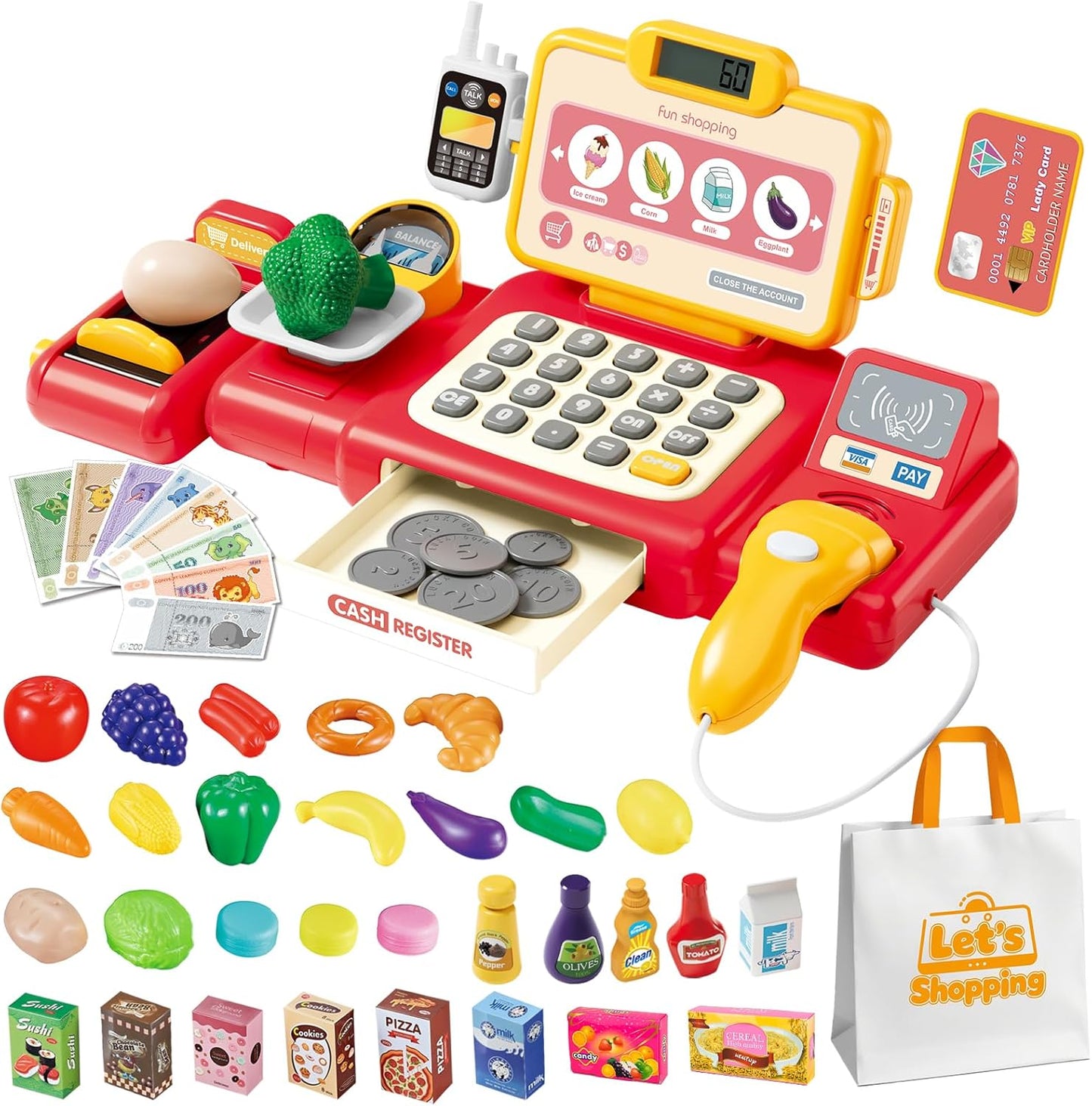 Cash Register Toy for Kids,Toddler Pretend Play Store with Real Calculator,Scanner,Play Food, Money & Credit Card,Supermarket Checkout Set, Math Skills Learning Toys,Birthday Gift for Boys Girls-Red