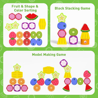 Melofaver Montessori Toys for 3 4 5 Year Old, Wooden Fruit Toddler Stacking Toys, Stacking Blocks & Lacing Beads & Shape Sorter Toy for Toddler, STEM Preschool Learning Toys for Kids Boys Girls