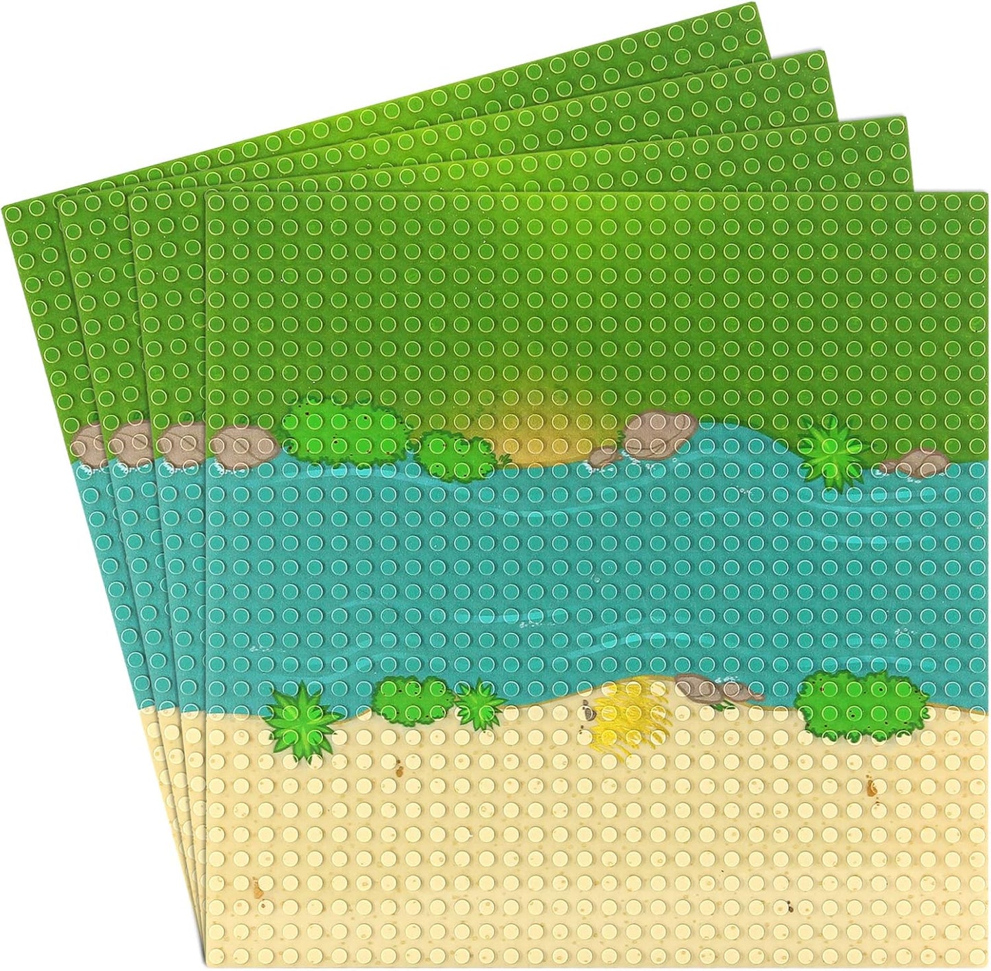 Feleph Classic Baseplate with River and Grassland Pattern, 10 x 10 Inches Base Plates for Building Blocks Mat Compatible with Major Brands (Straight 4 Pieces)