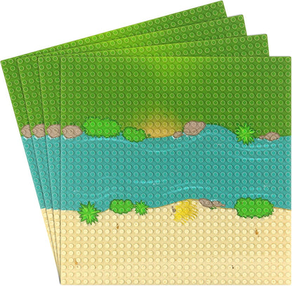 Feleph Classic Baseplate with River and Grassland Pattern, 10 x 10 Inches Base Plates for Building Blocks Mat Compatible with Major Brands (Straight 4 Pieces)