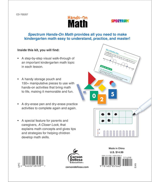 Spectrum Hands-on Math Kindergarten Workbooks, Activity Book for Kids Ages 5 to 6 With Manipulatives and Dry Erase Activities Covering Addition, Subtraction, Place Value, and More Mathematics (Volume 52)
