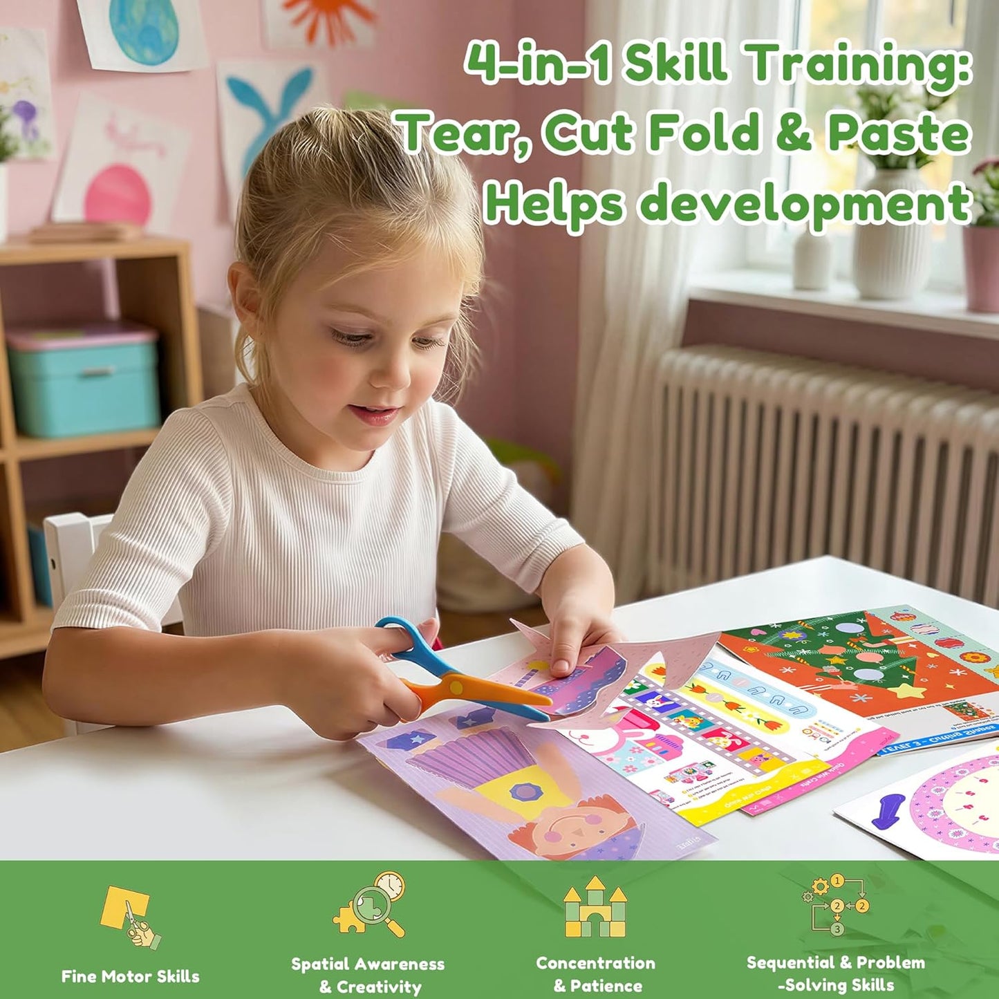 Toddler Scissor Skills Activity Book, 4 Progressive Levels to Learn Cutting for Kids Ages 3-6, 31 Fun Crafts with Child-Safe Scissors, Develop Fine Motor Skills, Ideal Christmas Gift & Arts and Crafts