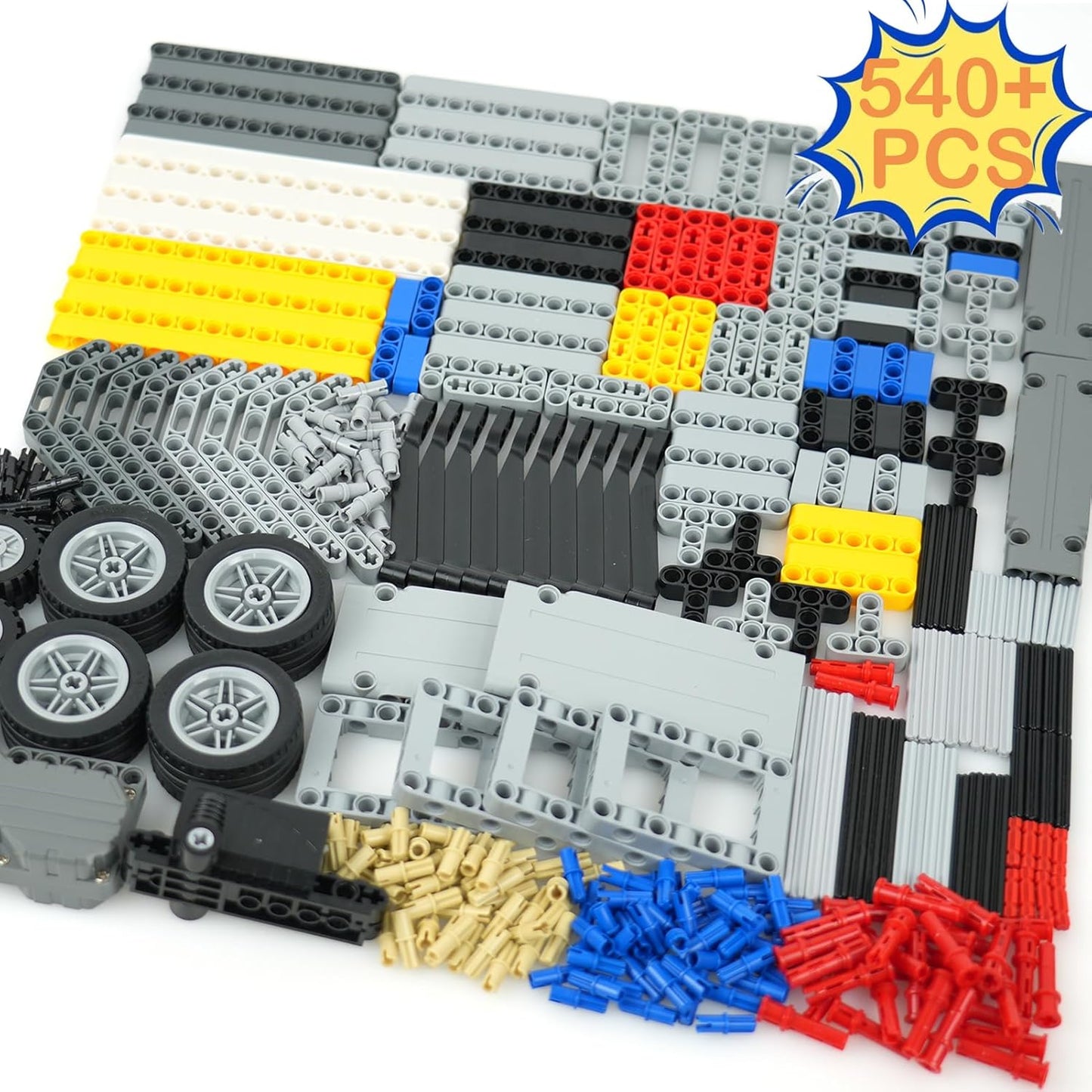MALEKO Technical Gears-Axles-Pins-Wheel Set, 800+ Piece Technical Parts Compatible with Major Brands, Building Block Accessories Kit-Motor, Wheels, Chain Link Connector, Tires