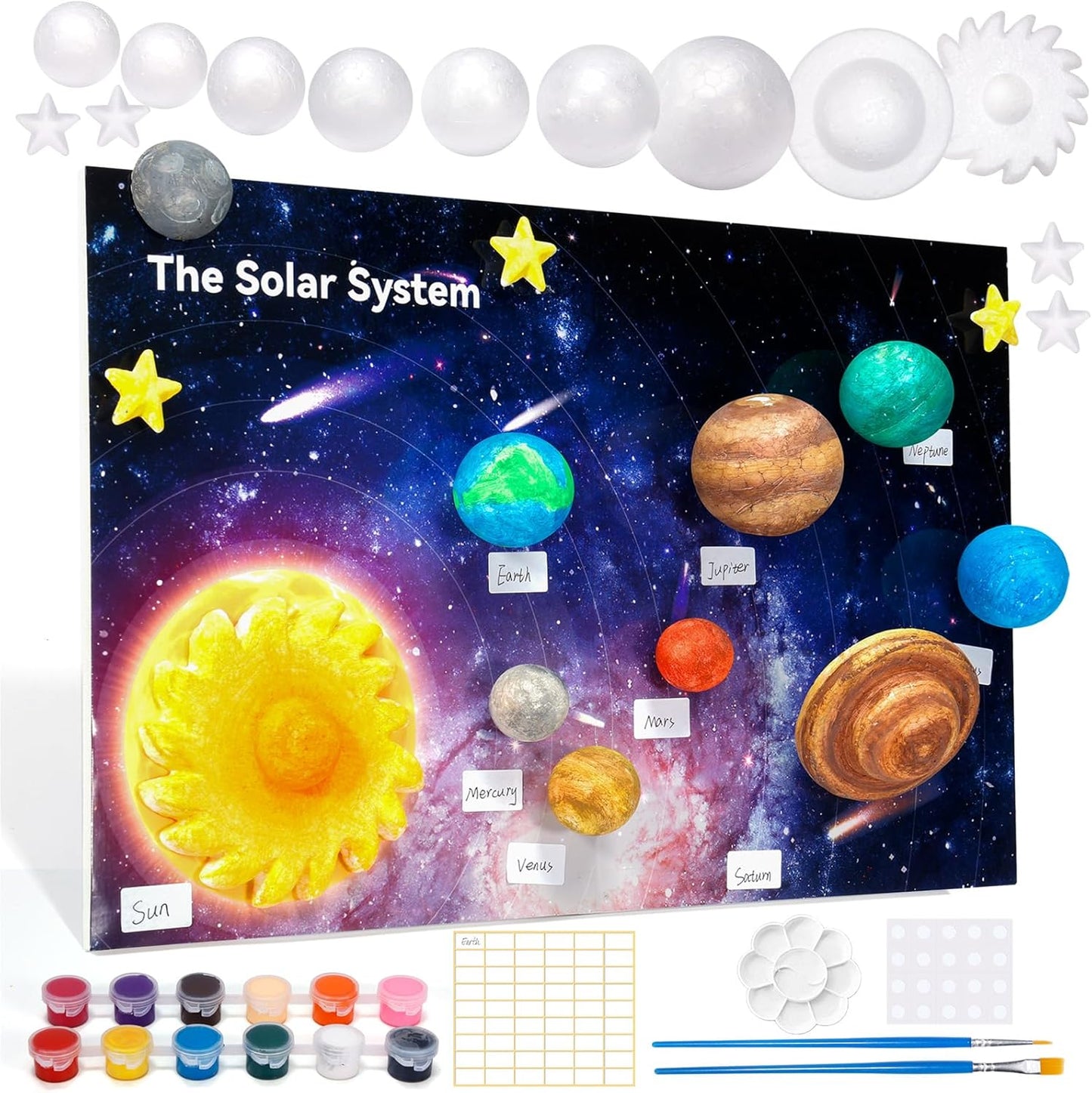 Pllieay Solar System Model Foam Ball Kit Includes 14PCS Mixed Sized Polystyrene Spheres Balls, 12PCS Bamboo Sticks, 12 Color Pigments, 2PCS Painting Brushes for School Science Projects