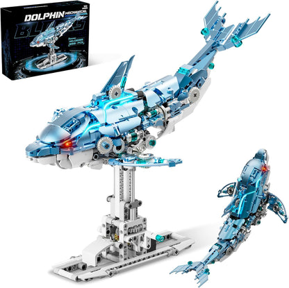 Moving Mechanical Dolphin Building Set - Hand Crank Model Kit with Swimming Tail, Movable Jaw & Glowing Lights | STEM Educational Toy & Unique Desk Decor for Ages 8+, Adults, Blue