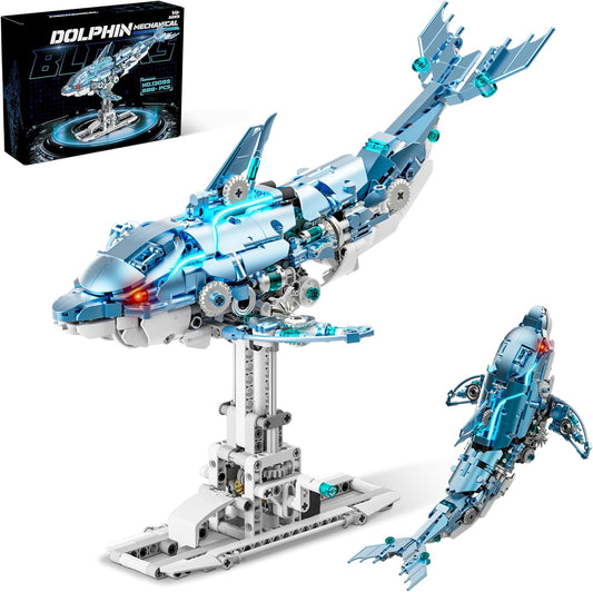 Moving Mechanical Dolphin Building Set - Hand Crank Model Kit with Swimming Tail, Movable Jaw & Glowing Lights | STEM Educational Toy & Unique Desk Decor for Ages 8+, Adults, Blue