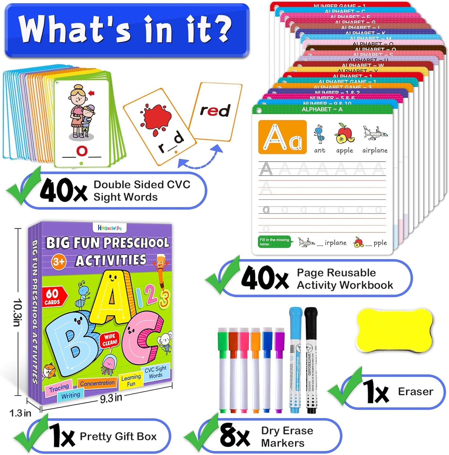 Preschool Learning Activities - Reusable Handwriting Tracing Books for Kids, PreK Kindergarten Workbooks, CVC Word Game, Numbers & Alphabet Educational Learning Toys for 3, 4, 5, 6 Year Old
