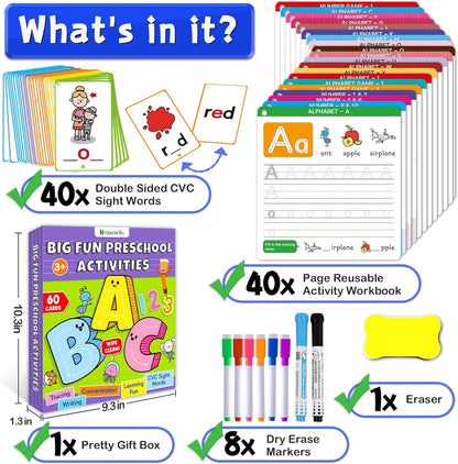 Preschool Learning Activities - Reusable Handwriting Tracing Books for Kids, PreK Kindergarten Workbooks, CVC Word Game, Numbers & Alphabet Educational Learning Toys for 3, 4, 5, 6 Year Old
