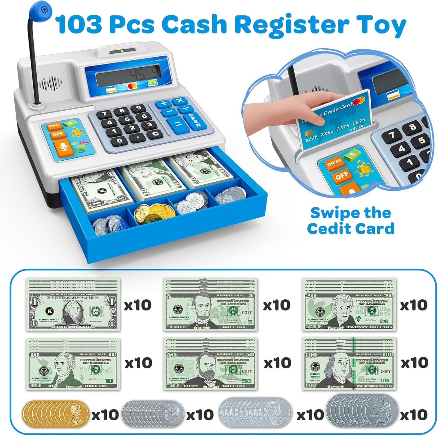 Calculator Cash Register - 103 Pcs Toy Cash Register, Store Set with Microphone, Credit Card and Banking for Kids, Early Math Skills Toys Gifts for 3, 4, 5, 6 7 8+ Years Old Boy Girl