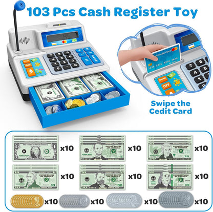 Calculator Cash Register - 103 Pcs Toy Cash Register, Store Set with Microphone, Credit Card and Banking for Kids, Early Math Skills Toys Gifts for 3, 4, 5, 6 7 8+ Years Old Boy Girl