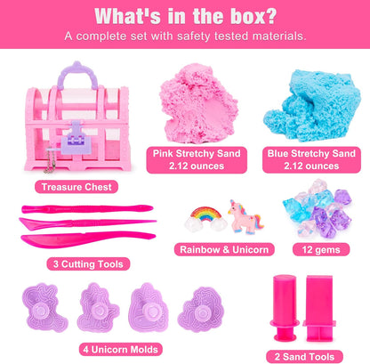 Carolart Unicorn Stretchy Cloud Sand,Blue & Pink Play Sand,Treasure Chest with Sensory Sand,Stretchable,Moldable,Expandable Cloud Slime,Tactile Fun Sensory Kit, Sensory Toys for Kids Ages 3+
