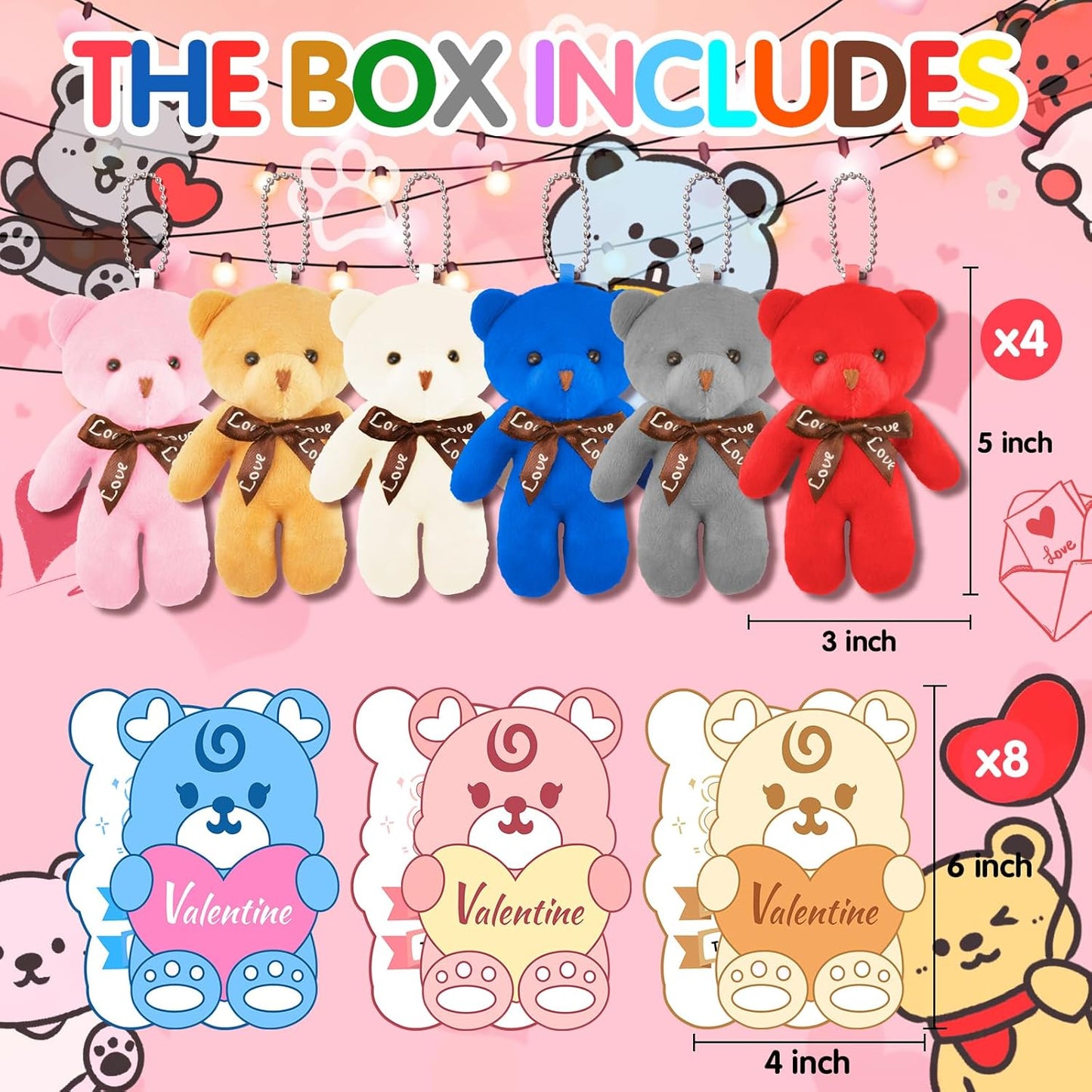 24 Pcs Valentine's Day Gift Mini Plush Bear Toys with Bear-Shaped Cards, 4.7 Inch Stuffed Animal Dolls for Keychain DIY, Kids Classroom Birthday Party Favors Classroom Exchange Prize Supplies