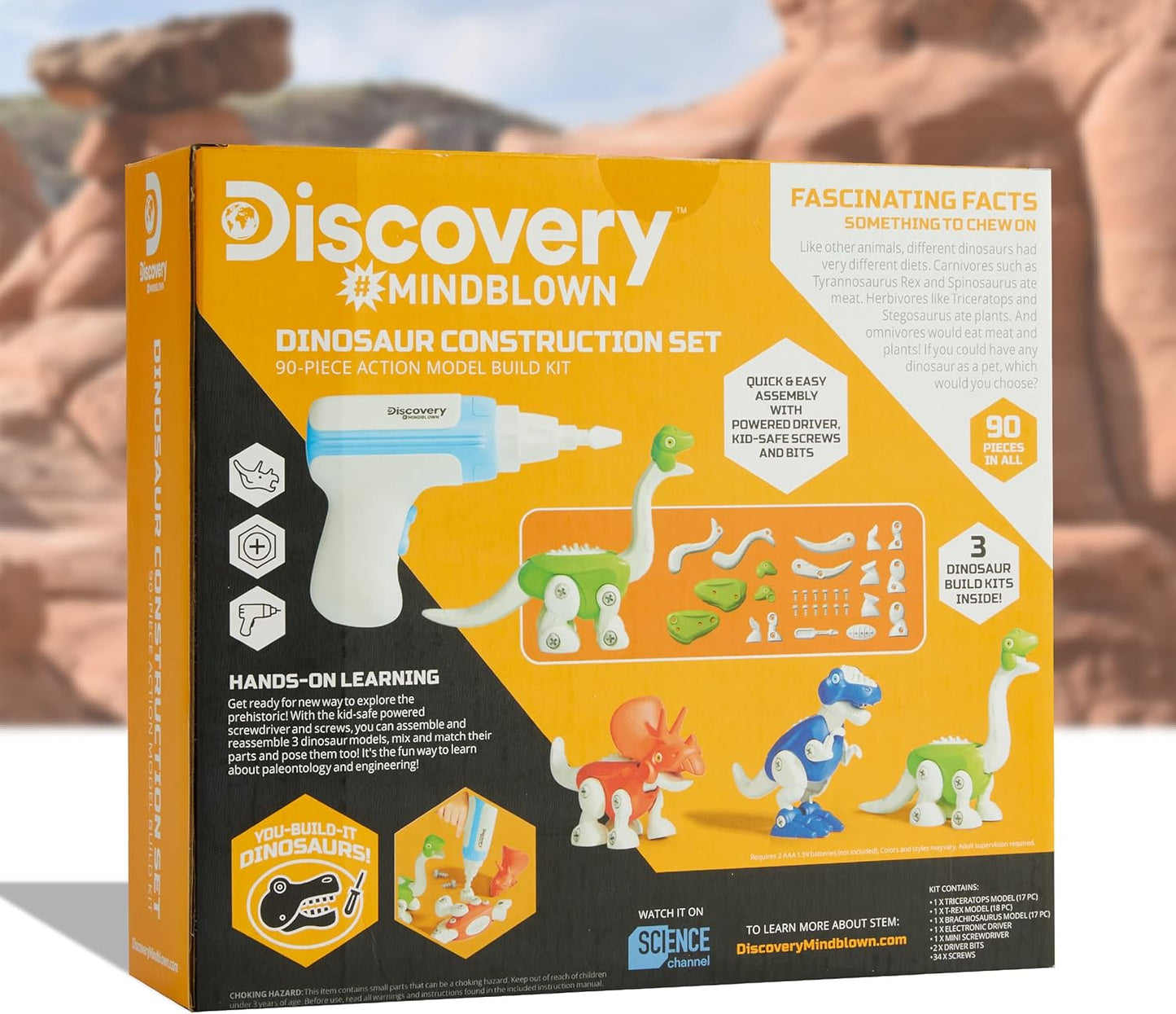 Discovery™ Dinosaur Construction Set, 90-Piece Action Model Build Kit, Kid-Safe Electronic Tools & Screws, Create T-Rex Triceratops, Prehistoric Monster Learning STEM Toy for Paleontologists