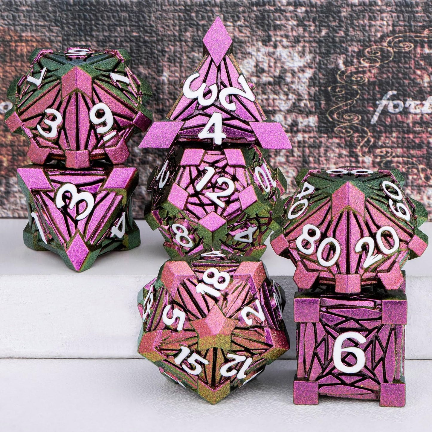7PCS Metal DND Dice Set with Box, Debris RPG Blue White D and D Dice for D&D Tabletop Games Role Playing Game Polyhedral Dice Set D20 D12 D10 D8 D6 D4