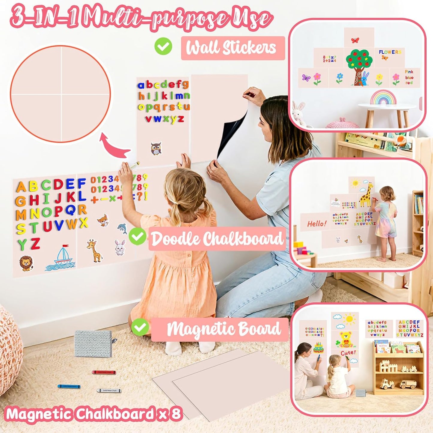 8 PCS Magnetic Wall Decals for Kids Magnetic Chalkboard Peel and Stick Magnet Sheets Board Sticker Tangram Puzzle Self Adhesive Contact Paper Dry Erase Blackboard for Playroom Homeschool 15.7"x10.4"