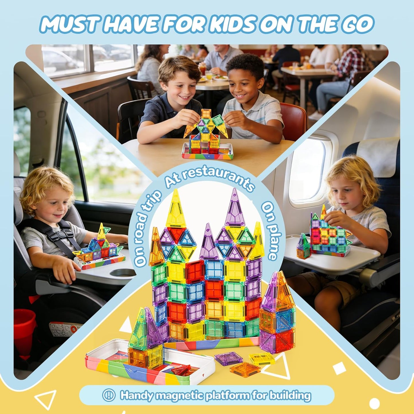 cossy Mini Magnetic Tiles, 46 PCS Magnet Tiles Travel Toys with Iron Box, Travel Magnetic Tiles for Restaurant, Car & Plane Play, Toys for 3 4 5 6 7 8 Year Old Boy and Girl