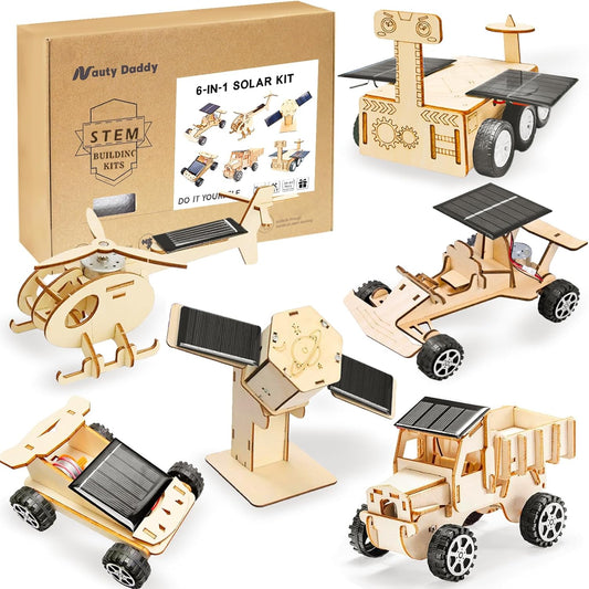 6-in-1 Solar STEM Building Kit, Wooden DIY Construction Set with Satellite, Helicopter, Cars, Educational Science Toy for Kids Ages 6-14 Years