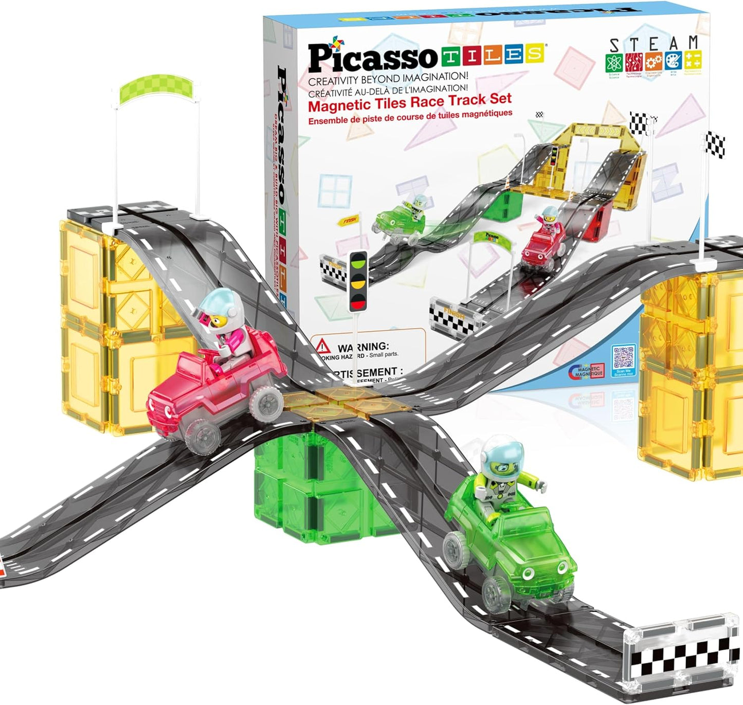 PicassoTiles 50pc Racecar Track Magnetic Tiles Educational Kids Toy with 2 Light Up Trucks STEM Preschool Learning Magnet Tile Toddler Toys Boys Girls Ages 3+ Blocks Game Puzzles Build Playset PTR50