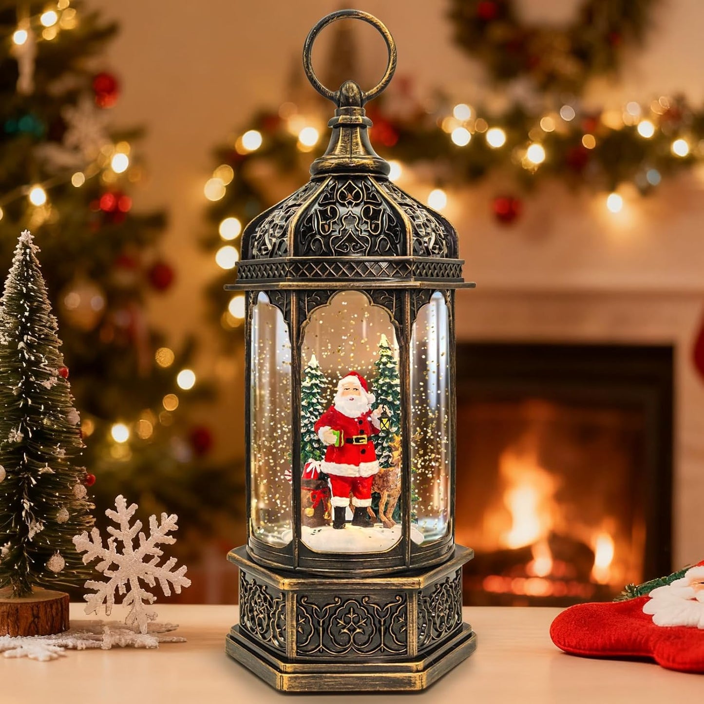 Christmas Snow Globes Lantern, Church and Christmas Tree Christmas Decorations Indoor, 6H Timer Battery & USB Powered Light Up Musical Snow Globes for Kids Women Adults Gift Thanksgiving Home Decor