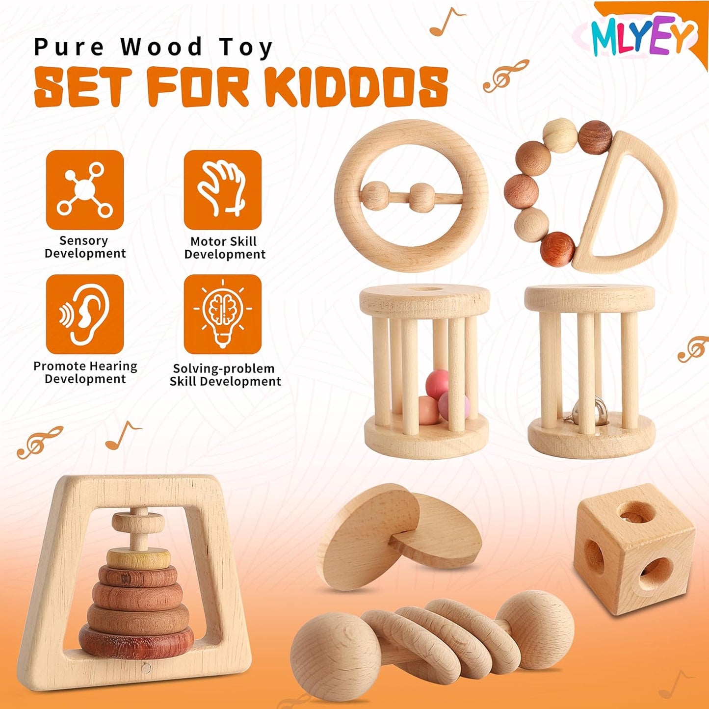 Wooden Rattles for Baby, 7PCS Wooden Montessori Toys for 7-24 Months Baby Boy Girl, Natural Beech Wood Grasping Toy, Gift for Babies