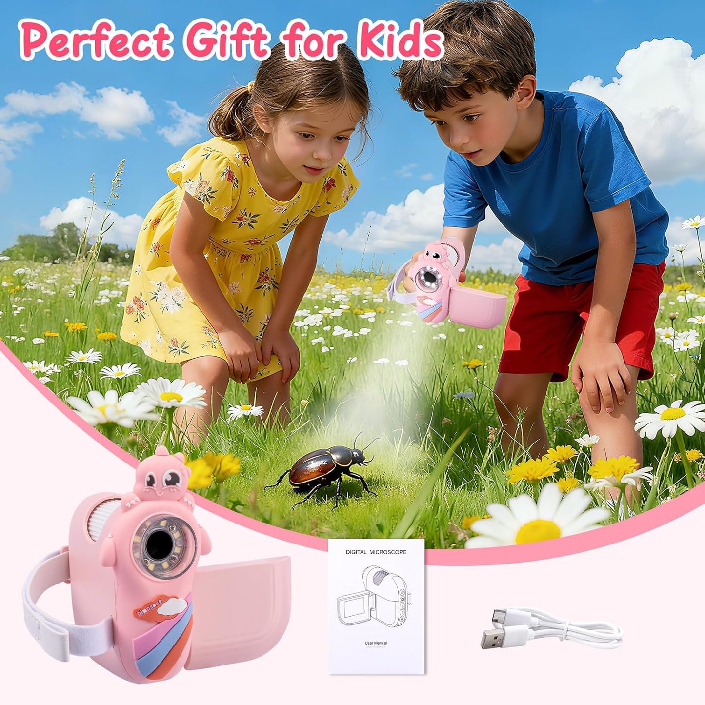 Digital Microscope with 2 Inch Screen Handheld Kids Microscope with Photo and Video Functions for 1000X Magnification Bug Gifts for Kids Collector Insects Ladybugs Jewelry Coins