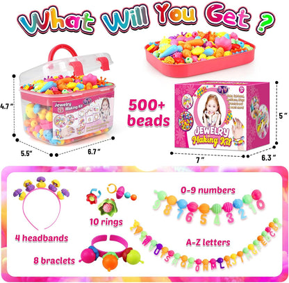FUNZBO 520+ Snap Pop Beads - Jewelry Making Beads Charms Style Craft Kit, Arts and Crafts for Kids Ages 4-8, Toys for 3 4 5 6 7 Years Old Girls Birthday Gifts Ideas, Bracelet Necklace Ring for Girls