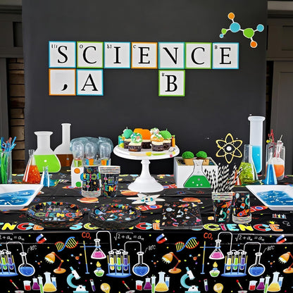Science Party Supplies, Includes Plates, Tablecloth, Cups, Straws, for Boy Girl Scientist Lab Decoration Serves 20 Guests