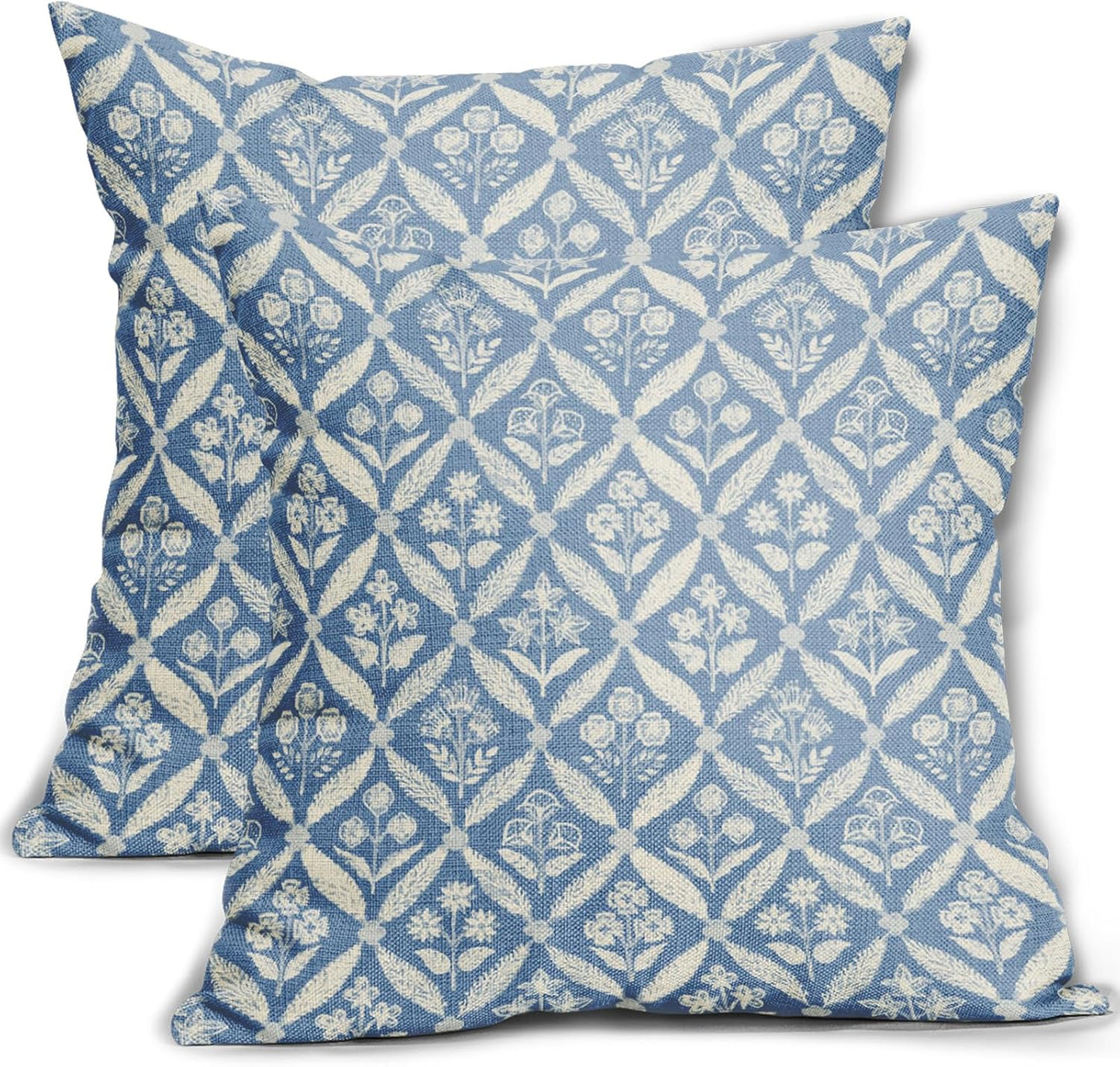 Blue Green Floral Block Print Pillow Covers 12X20 Set of 2, Flower Pattern Spring Summer Print Decorative Throw Pillow Covers Outdoor Farmhouse Seasonal Cushion Case Couch Sofa Bed Decor