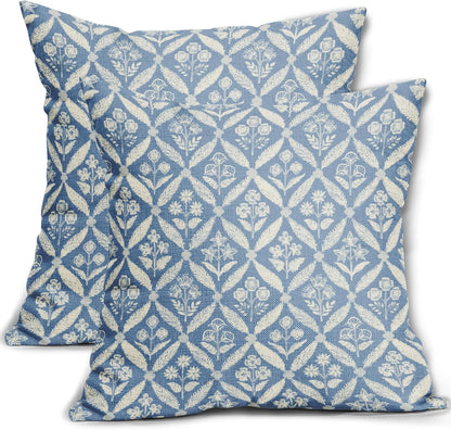 Blue Green Floral Block Print Pillow Covers 12X20 Set of 2, Flower Pattern Spring Summer Print Decorative Throw Pillow Covers Outdoor Farmhouse Seasonal Cushion Case Couch Sofa Bed Decor